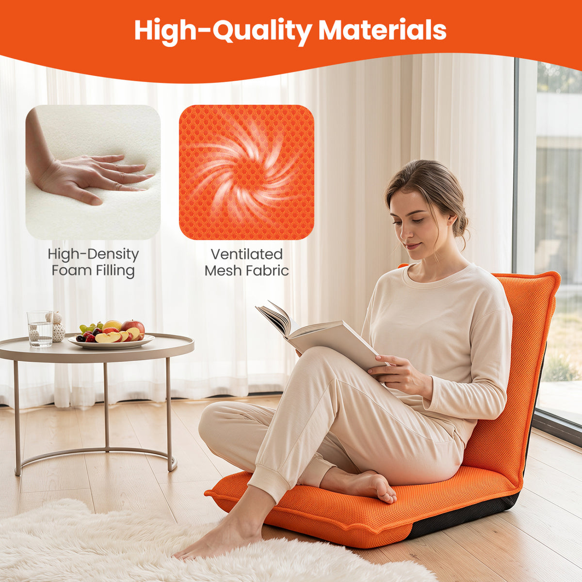6-Position Folding Floor Chair with Padded Cushion, Orange