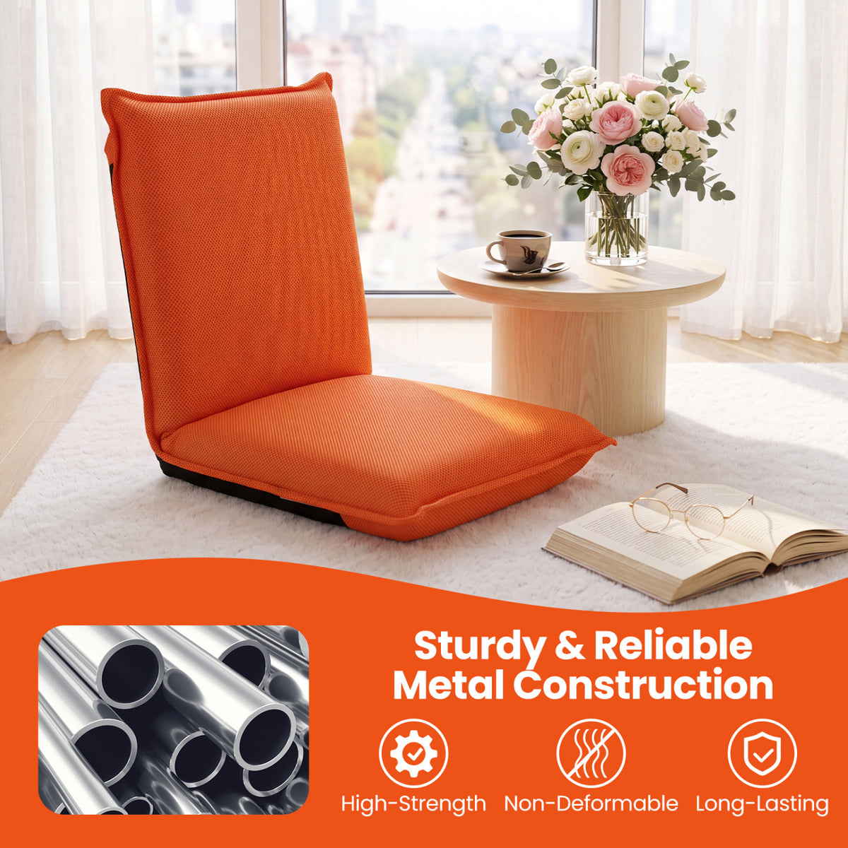 6-Position Folding Floor Chair with Padded Cushion, Orange