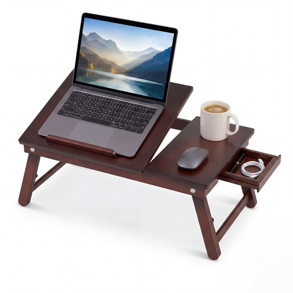 Adjustable Bamboo Laptop Desk with Tilting Top and Legs for Wring