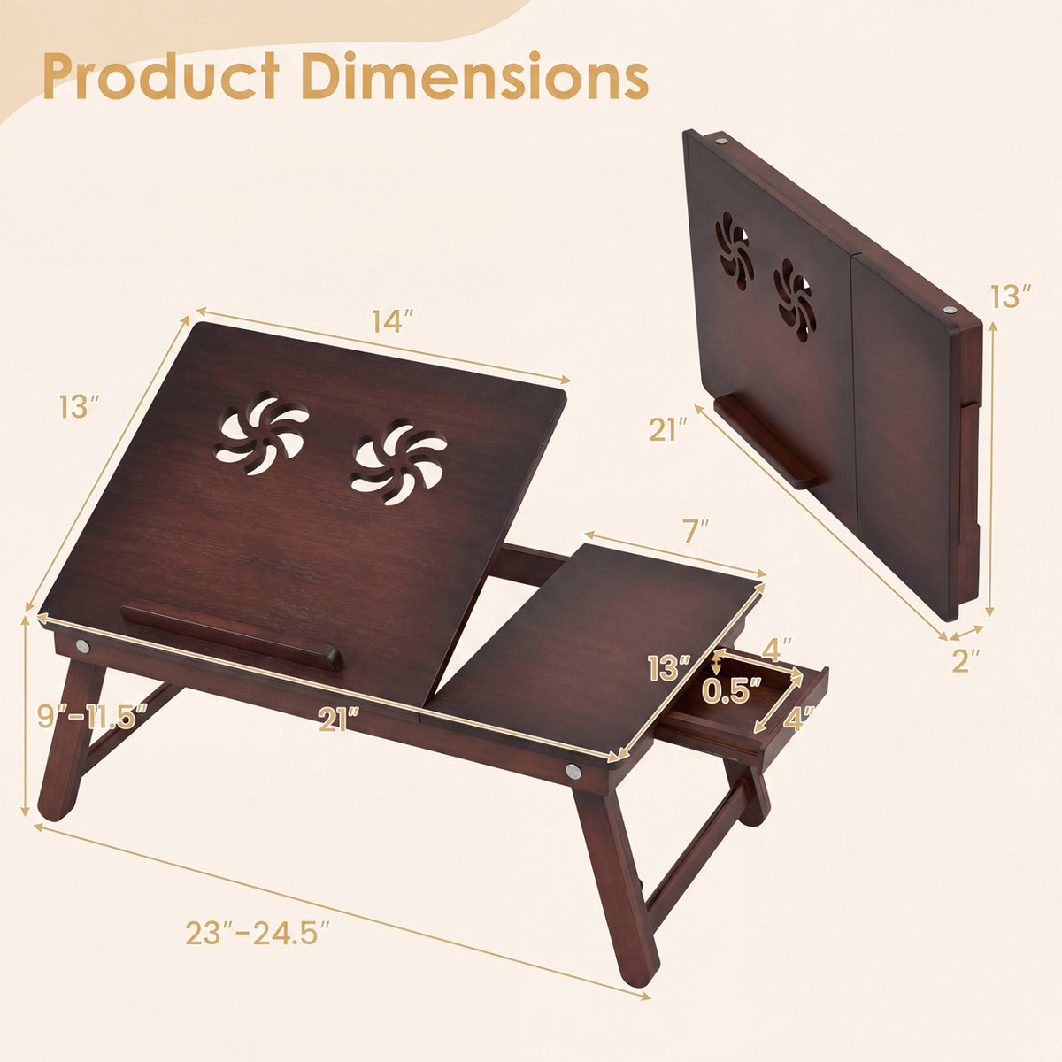 Adjustable Bamboo Laptop Desk with Tilting Top and Legs for Wring