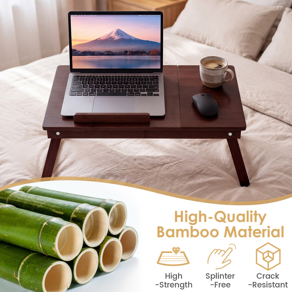 Adjustable Bamboo Laptop Desk with Tilting Top and Legs for Wring