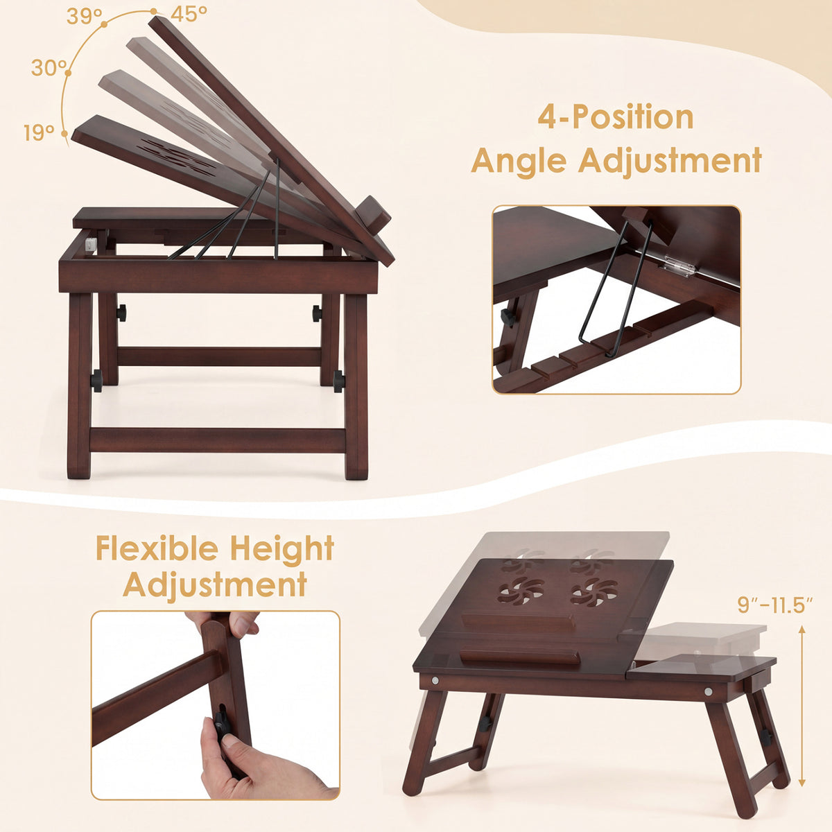 Adjustable Bamboo Laptop Desk with Tilting Top and Legs for Wring