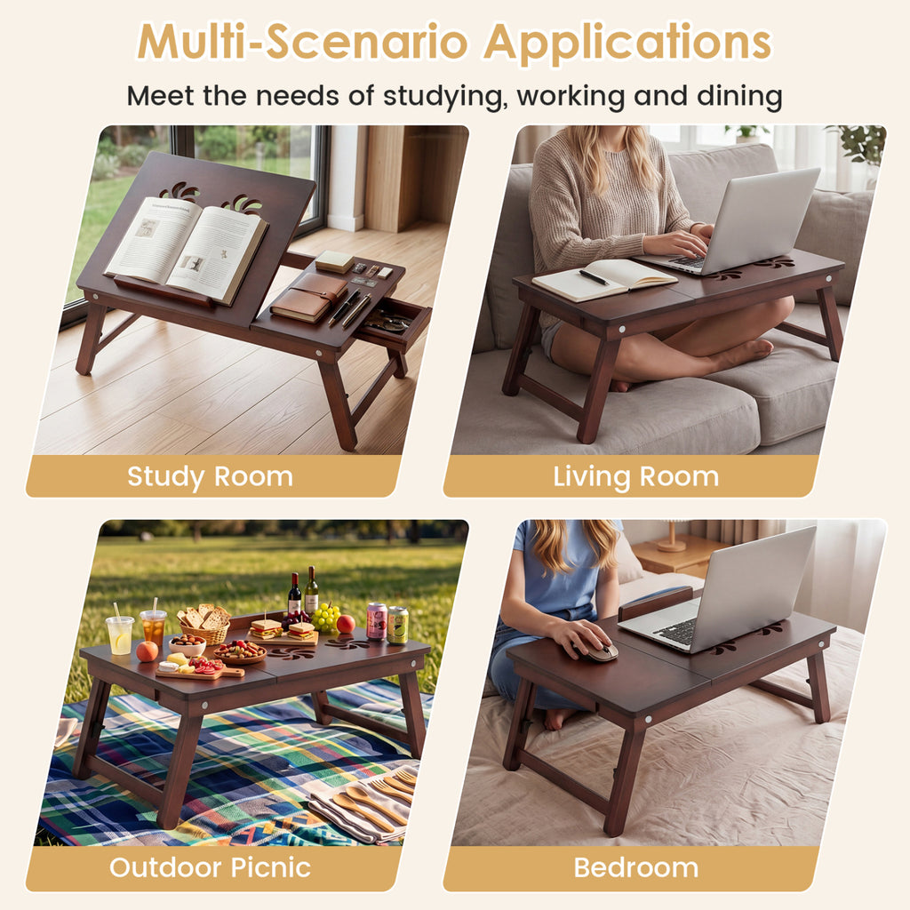 Adjustable Bamboo Laptop Desk with Tilting Top and Legs for Wring