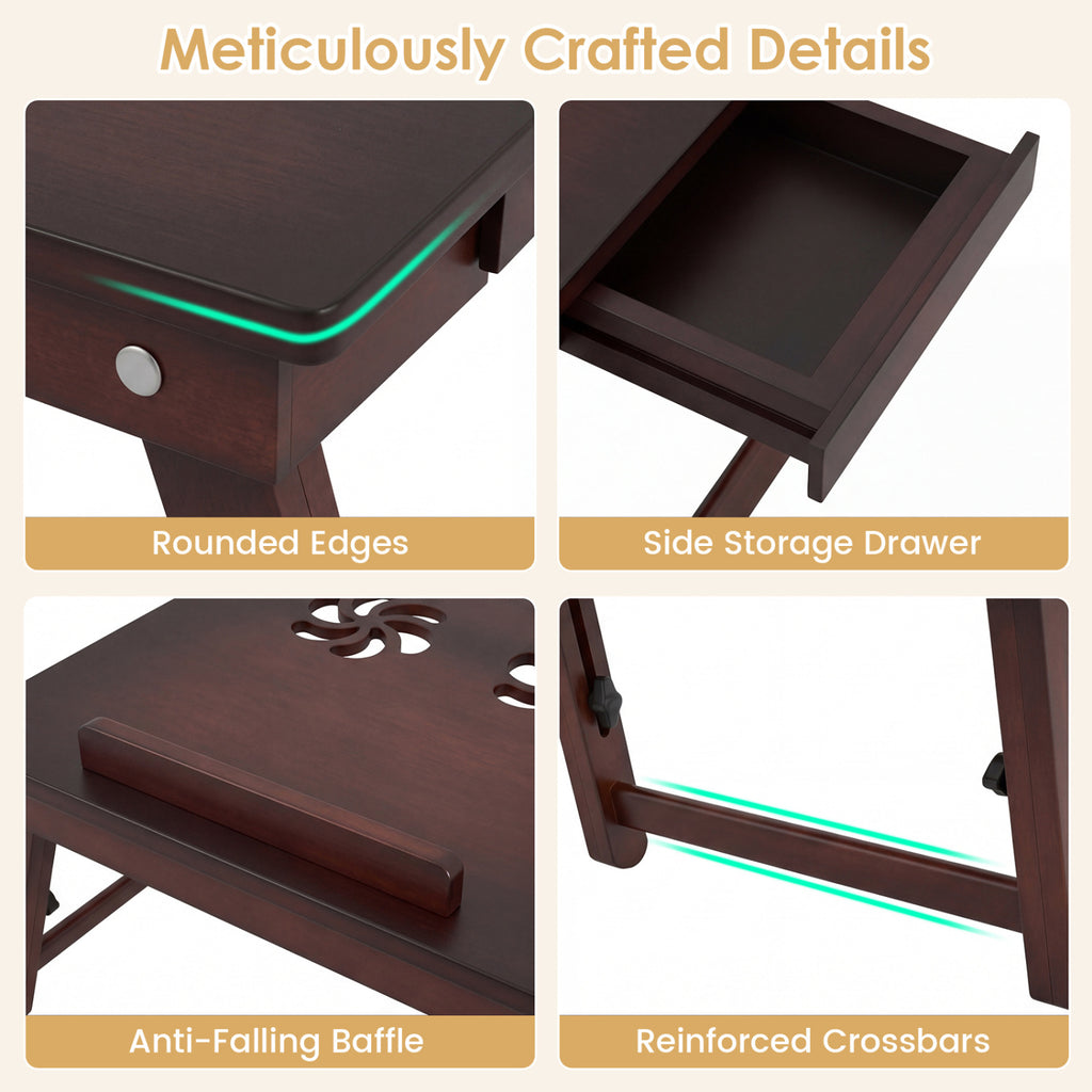 Adjustable Bamboo Laptop Desk with Tilting Top and Legs for Wring