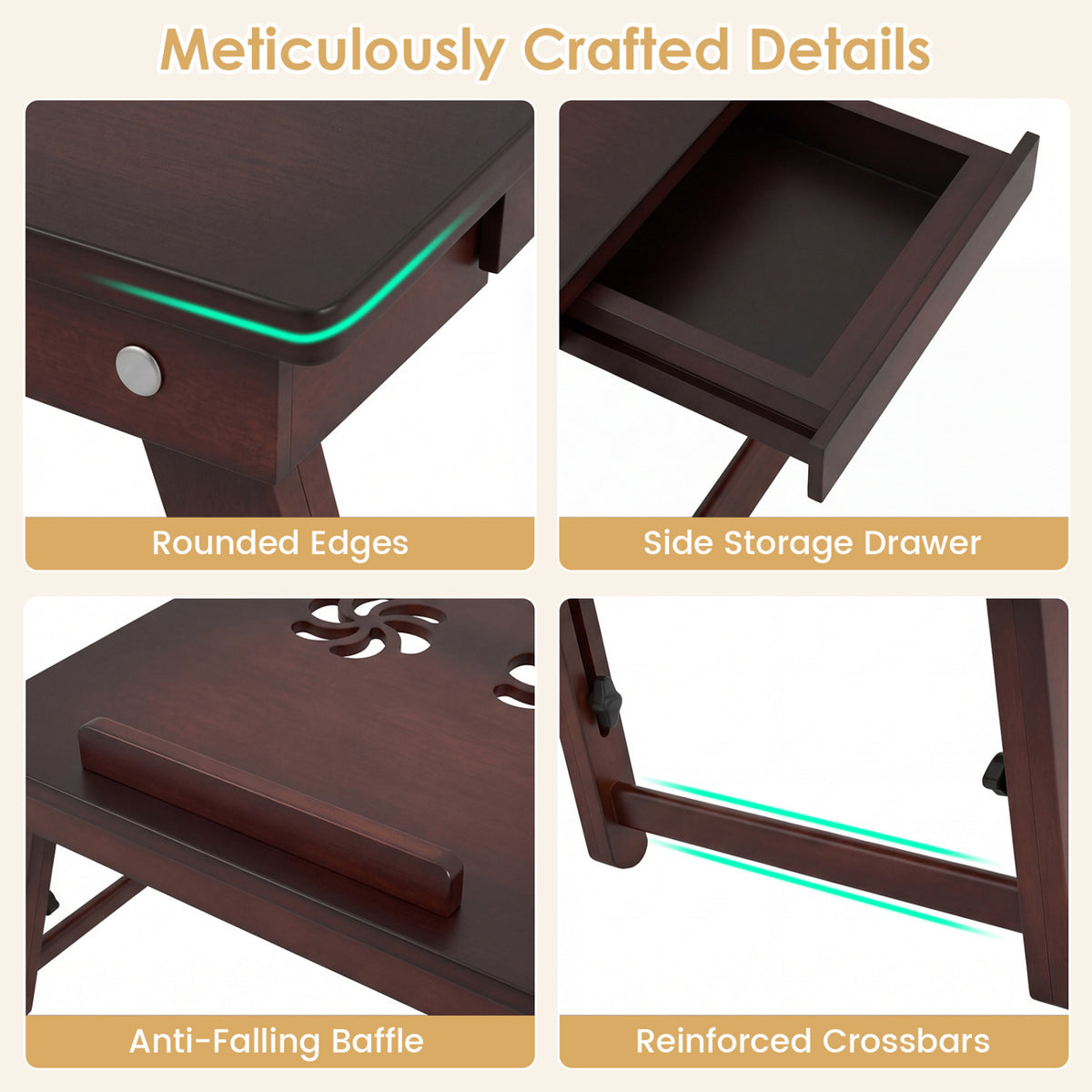 Adjustable Bamboo Laptop Desk with Tilting Top and Legs for Wring