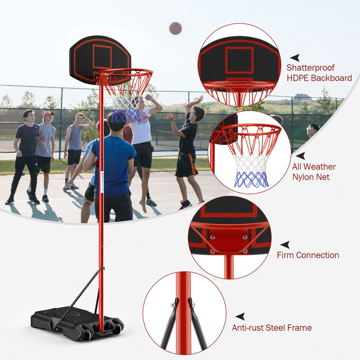 Teenager Height Adjustable Portable Basketball Hoop with Fillable Base - Red