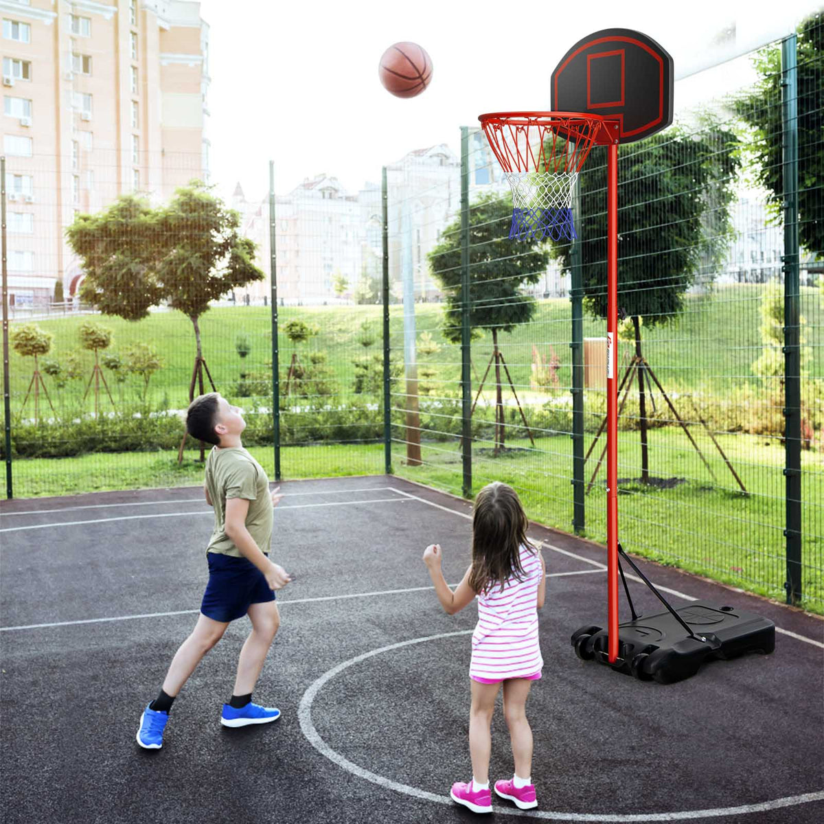 Teenager Height Adjustable Portable Basketball Hoop with Fillable Base - Red