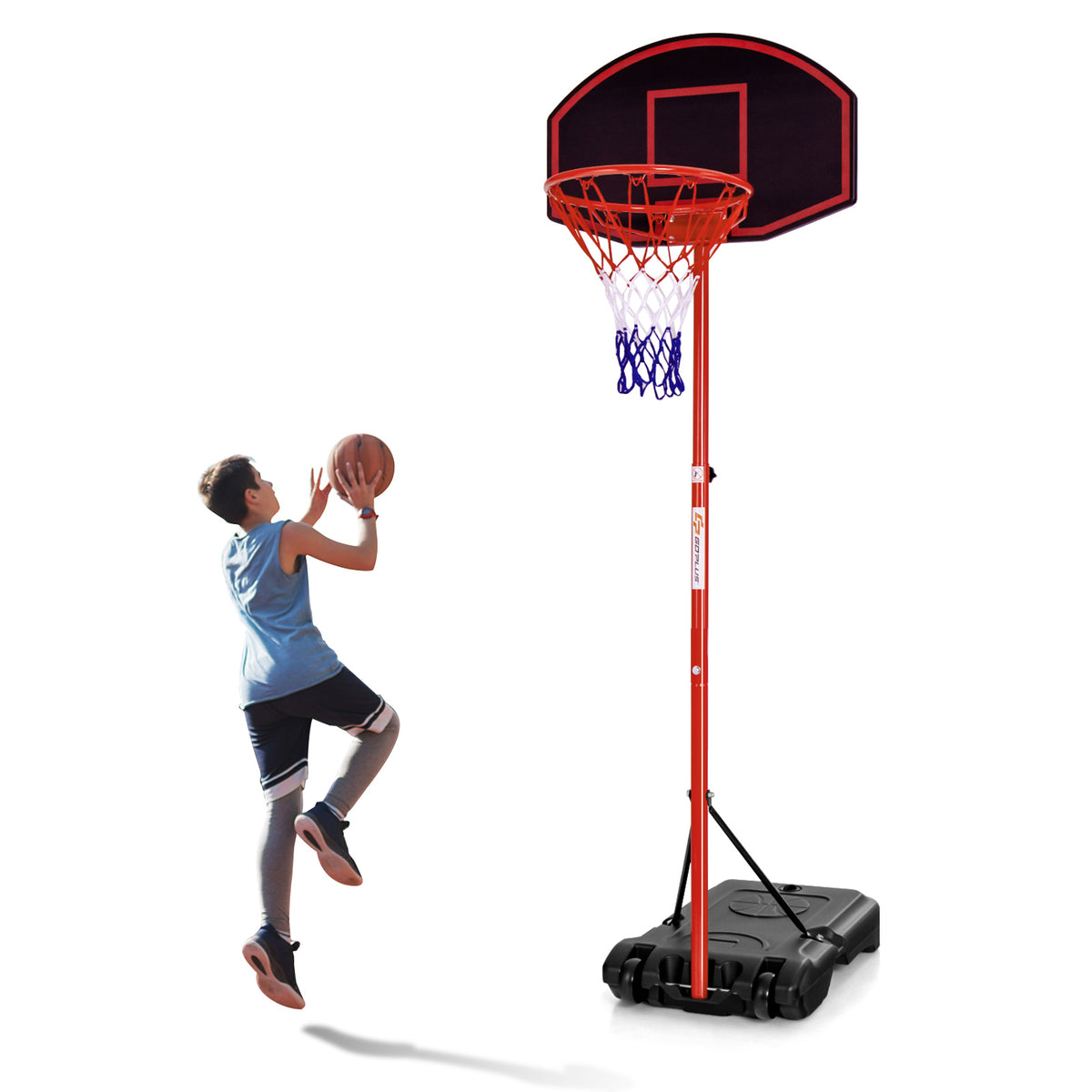 Teenager Height Adjustable Portable Basketball Hoop with Fillable Base - Red
