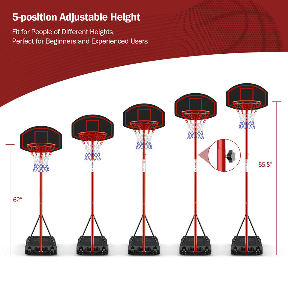 Teenager Height Adjustable Portable Basketball Hoop with Fillable Base - Red