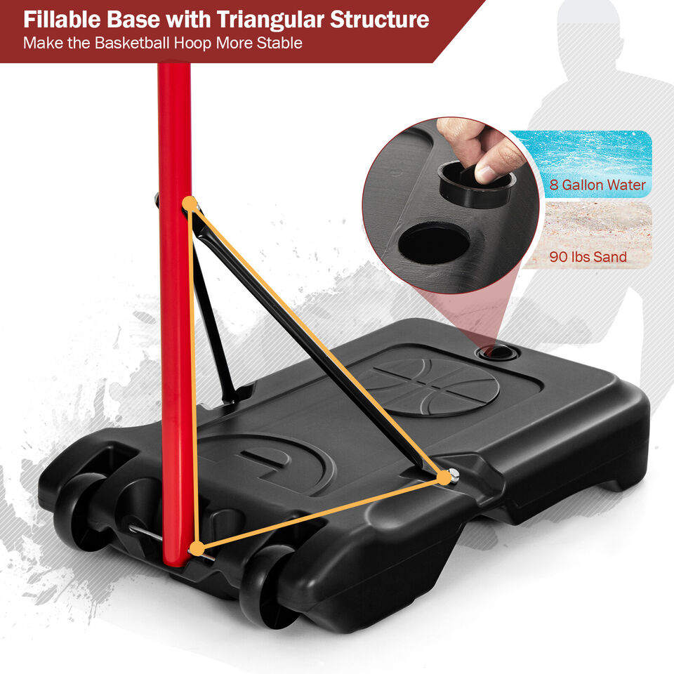 Teenager Height Adjustable Portable Basketball Hoop with Fillable Base - Red