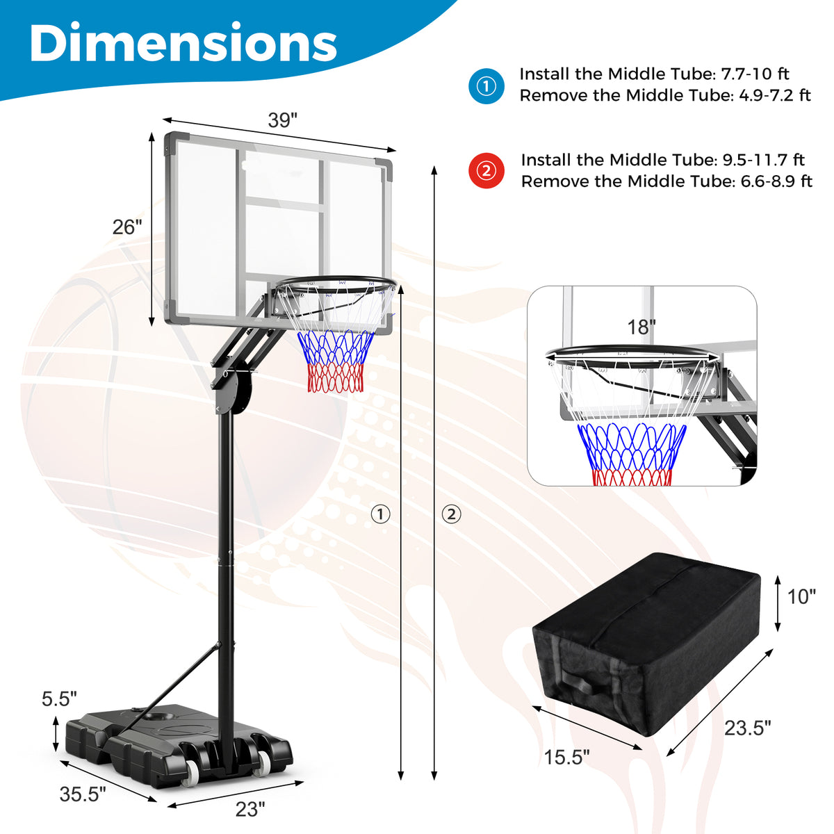 Adjustable Portable Basketball Hoop with Shatterproof Backboard - 10 Feet