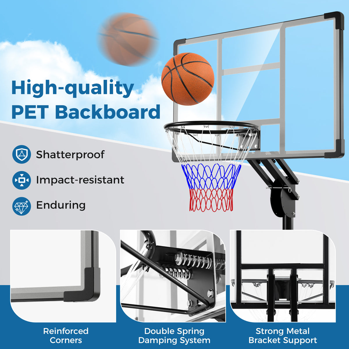 Adjustable Portable Basketball Hoop with Shatterproof Backboard - 10 Feet