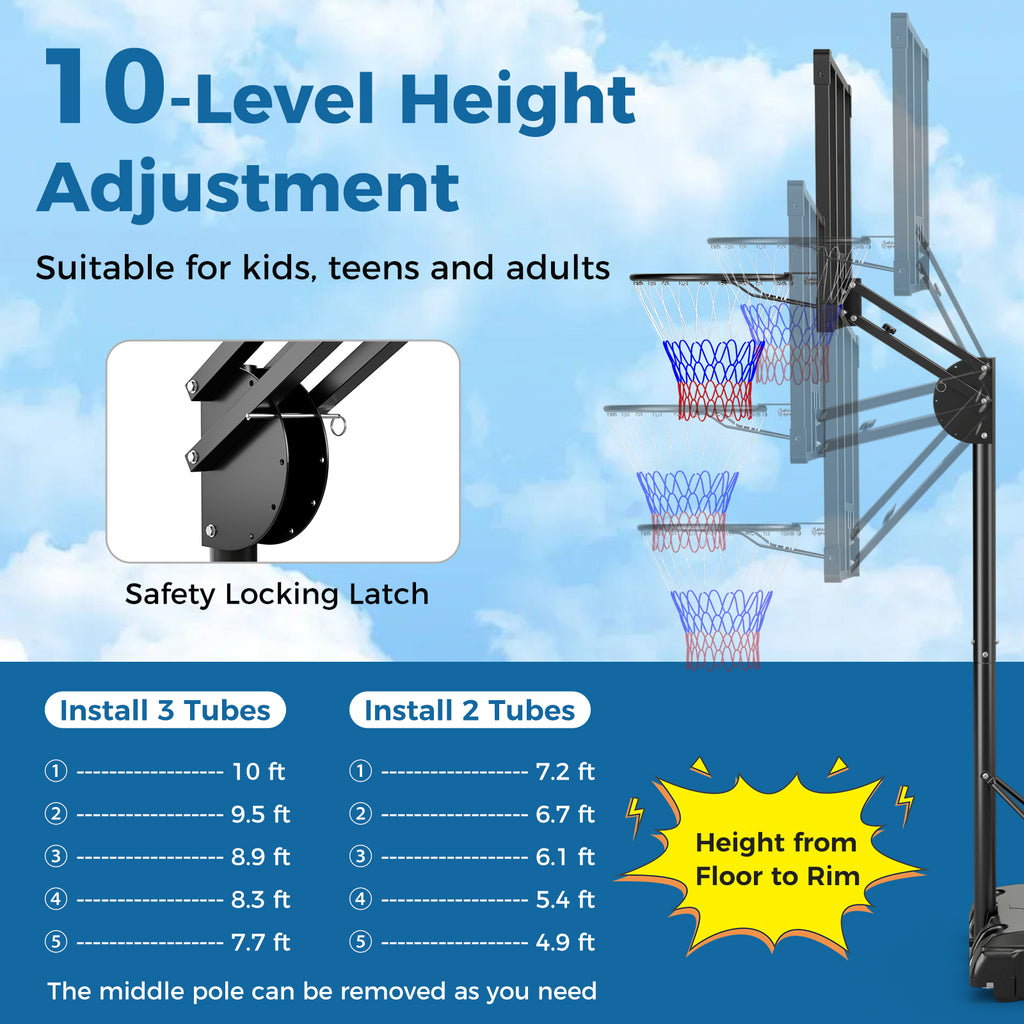 Adjustable Portable Basketball Hoop with Shatterproof Backboard - 10 Feet