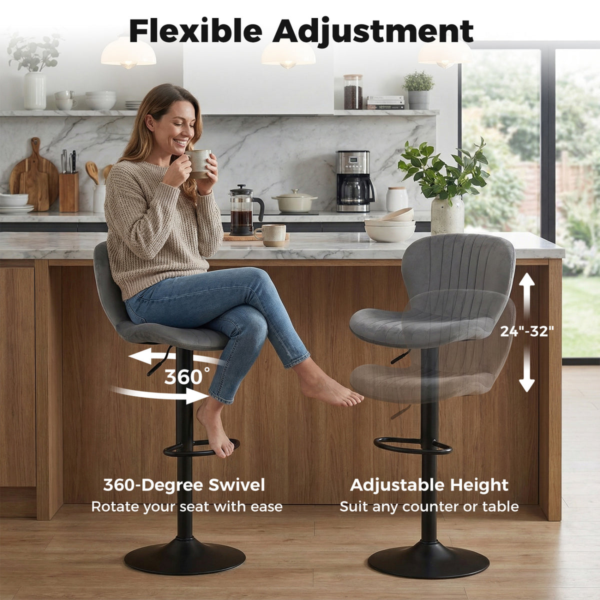 Adjustable Counter Height Chairs Set of 2, Gray - Velvet