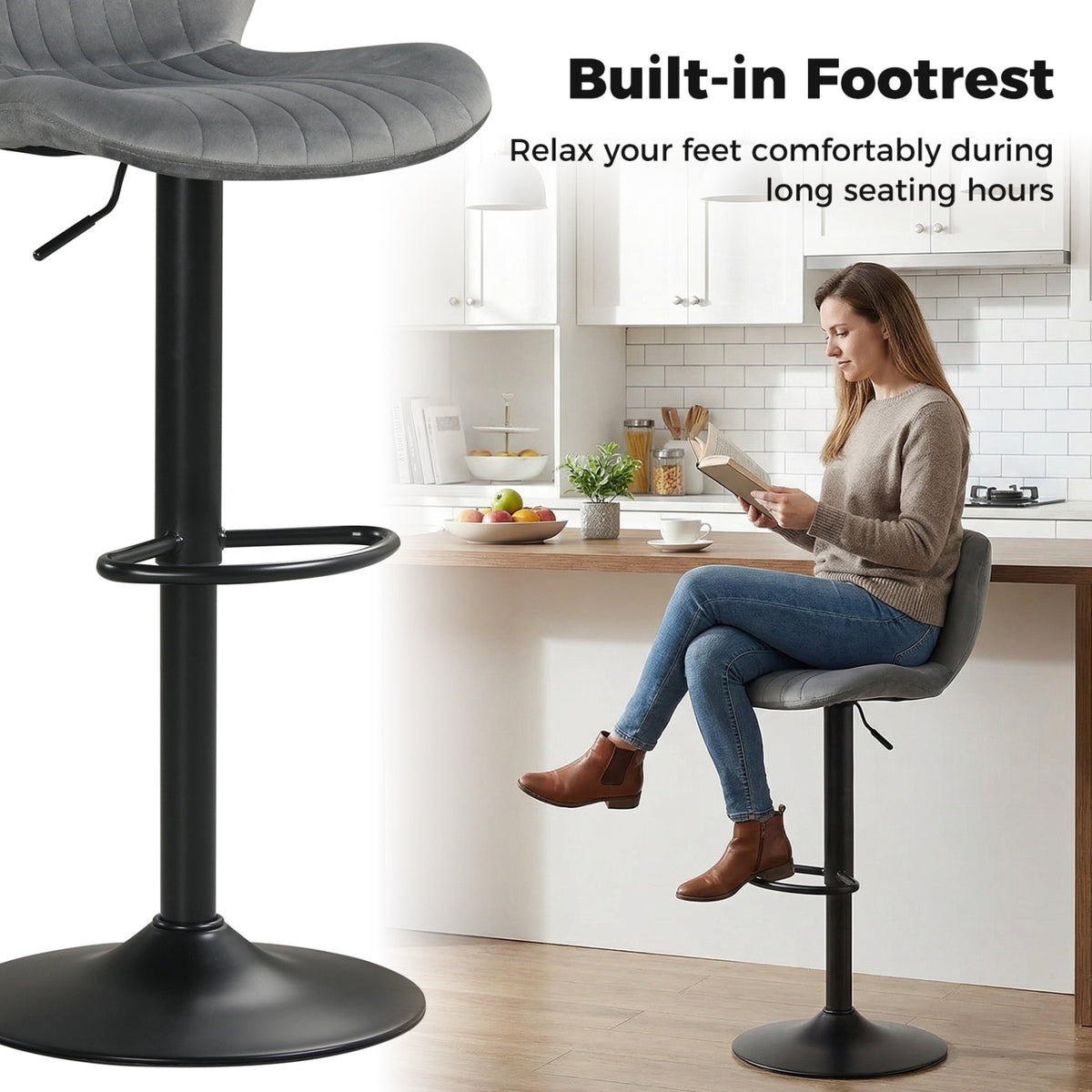 Adjustable Counter Height Chairs Set of 2, Gray - Velvet