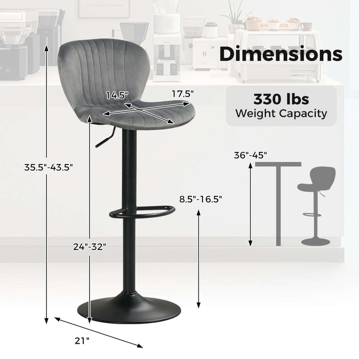 Adjustable Counter Height Chairs Set of 2, Gray - Velvet