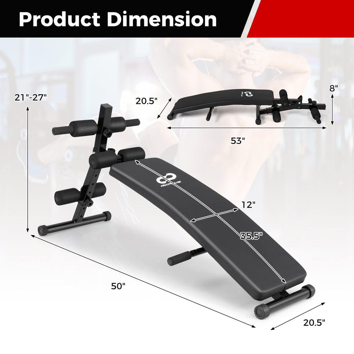 Foldable 50 Inch Adjustable Decline Sit Up Bench for Exercise - Black