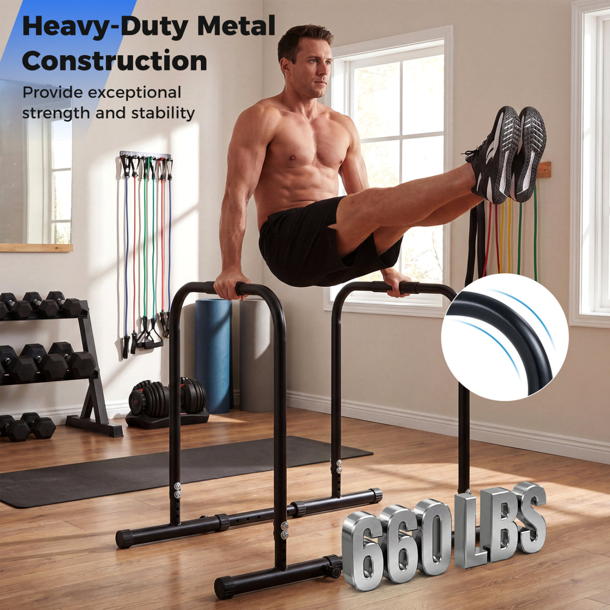 Adjustable Dip Bar Station with 660 LBS Capacity - Bilateral Locking, Black for Home Gym