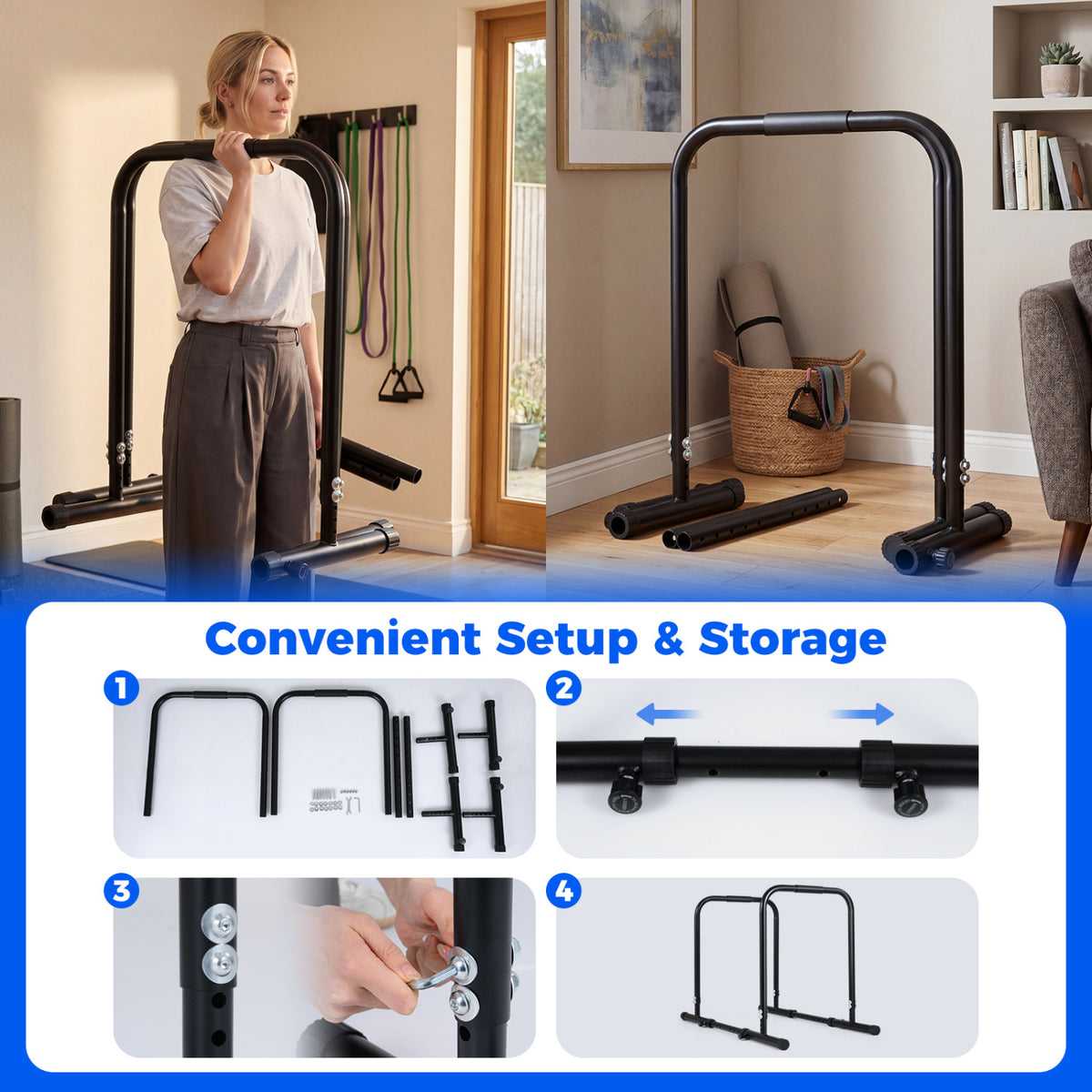 Adjustable Dip Bar Station with 660 LBS Capacity - Bilateral Locking, Black for Home Gym