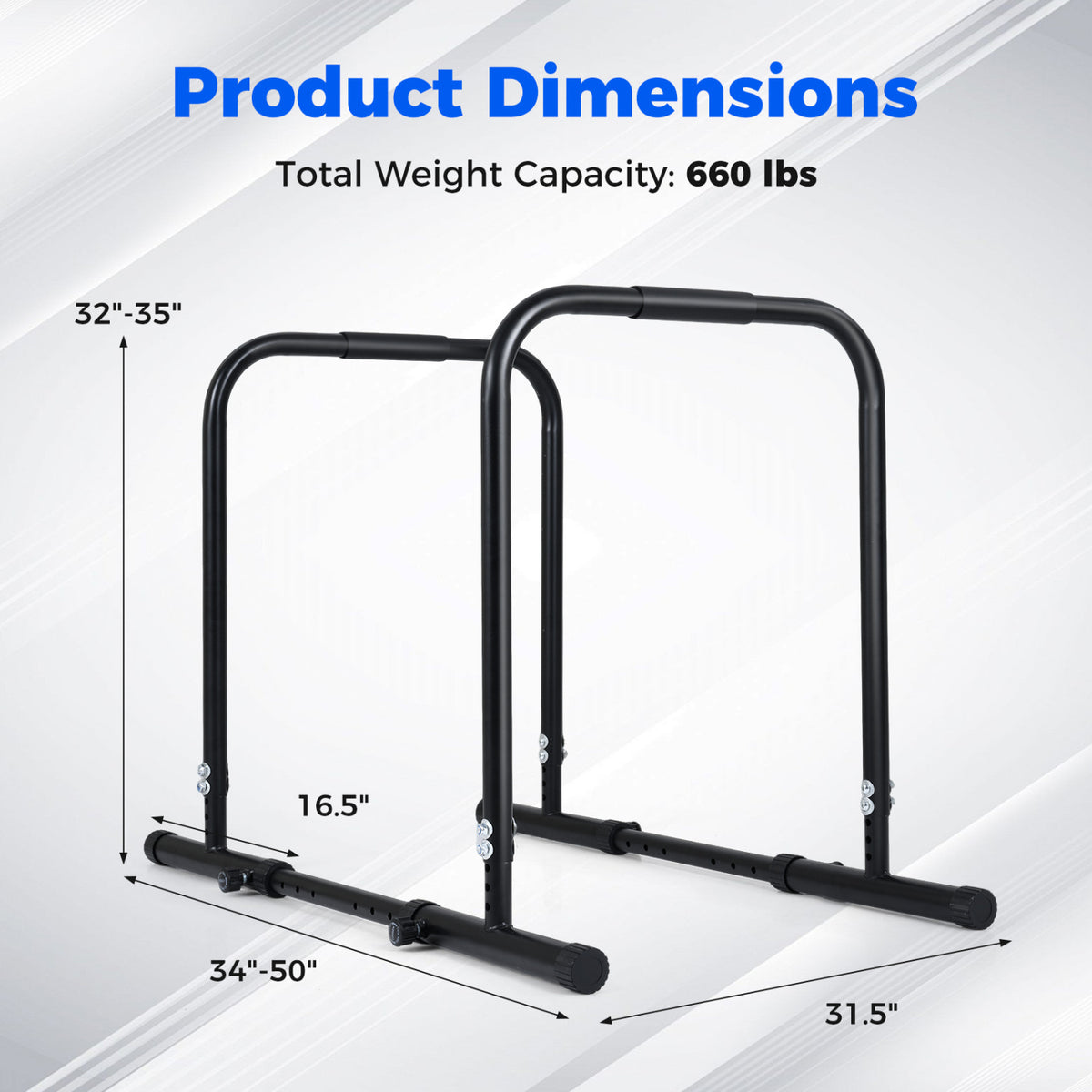 Adjustable Dip Bar Station with 660 LBS Capacity - Bilateral Locking, Black for Home Gym