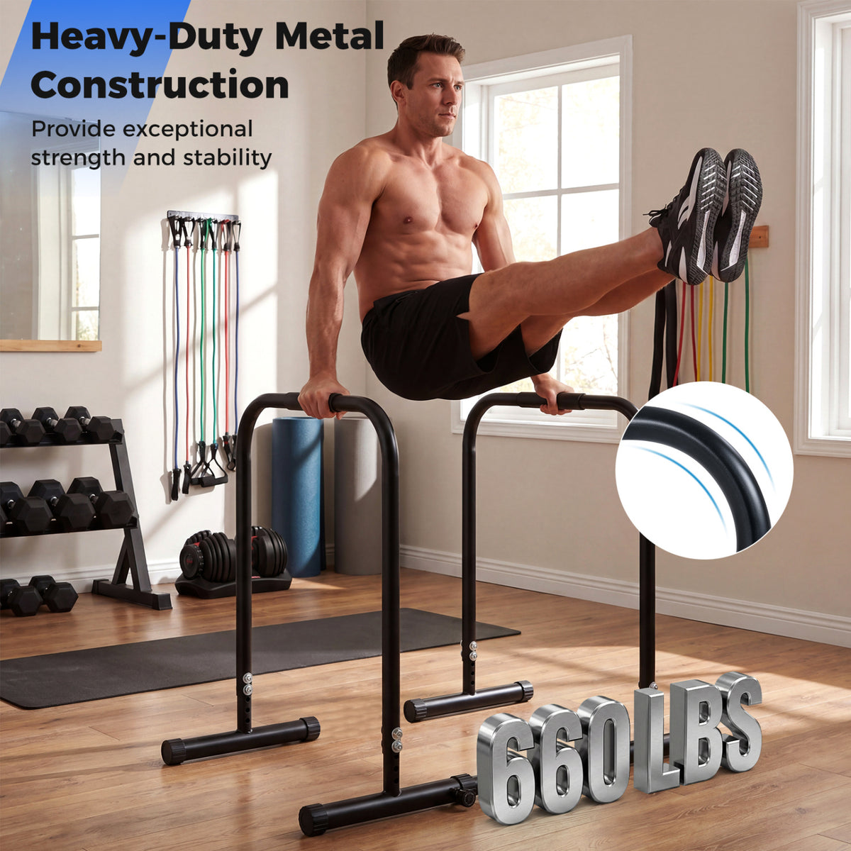 Adjustable Dip Bar Station with 660LBS Capacity for Strength Training - Unilateral Locking, Black