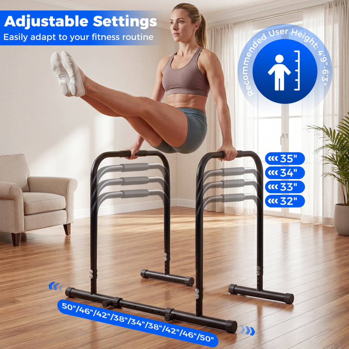 Adjustable Dip Bar Station with 660LBS Capacity for Strength Training - Unilateral Locking, Black