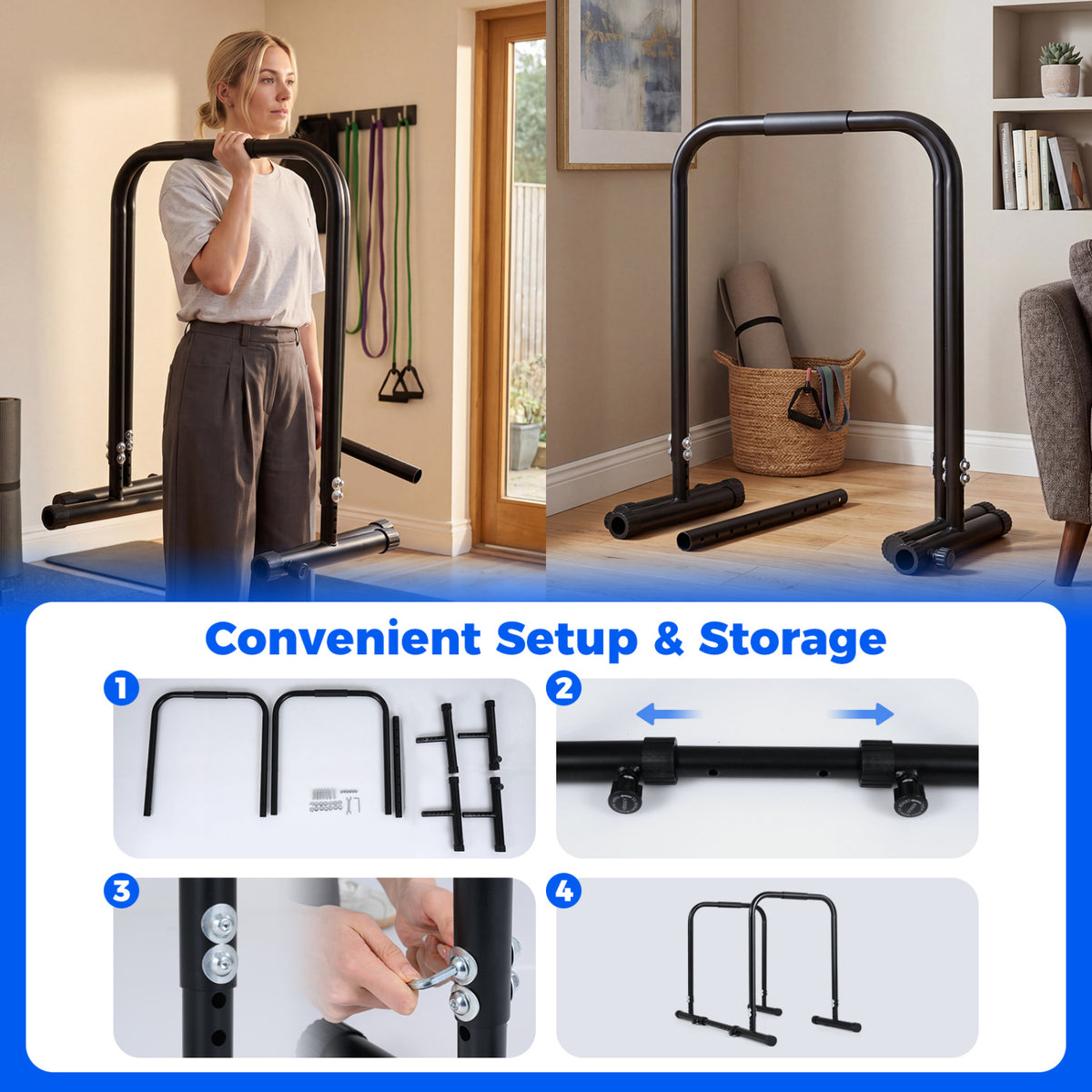 Adjustable Dip Bar Station with 660LBS Capacity for Strength Training - Unilateral Locking, Black