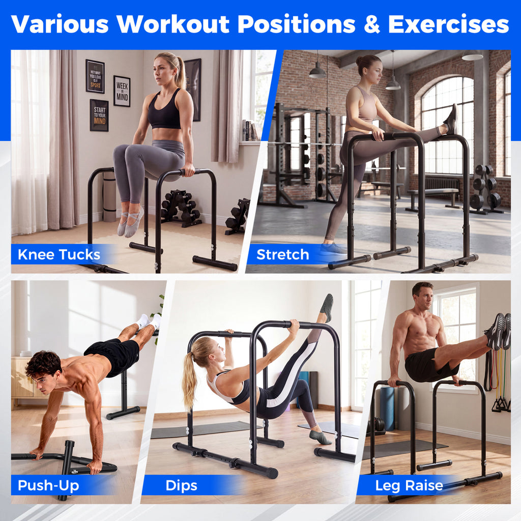 Adjustable Dip Bar Station with 660LBS Capacity for Strength Training - Unilateral Locking, Black