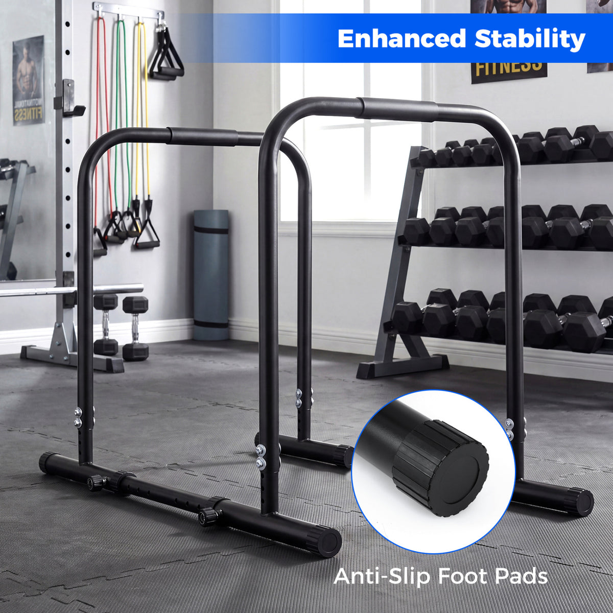 Adjustable Dip Bar Station with 660LBS Capacity for Strength Training - Unilateral Locking, Black
