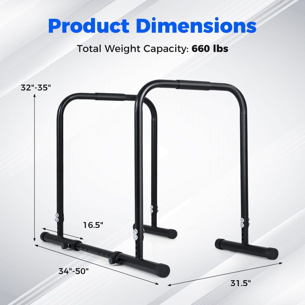 Adjustable Dip Bar Station with 660LBS Capacity for Strength Training - Unilateral Locking, Black
