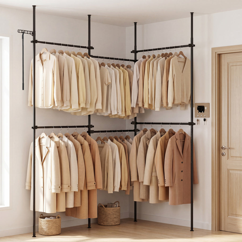 Adjustable Floor to Ceiling Clothes Rack with 6 Hanging Rods - Black