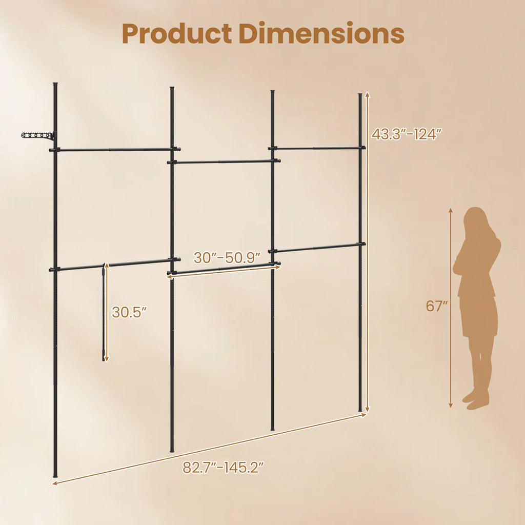 Adjustable Floor to Ceiling Clothes Rack with 6 Hanging Rods - Black