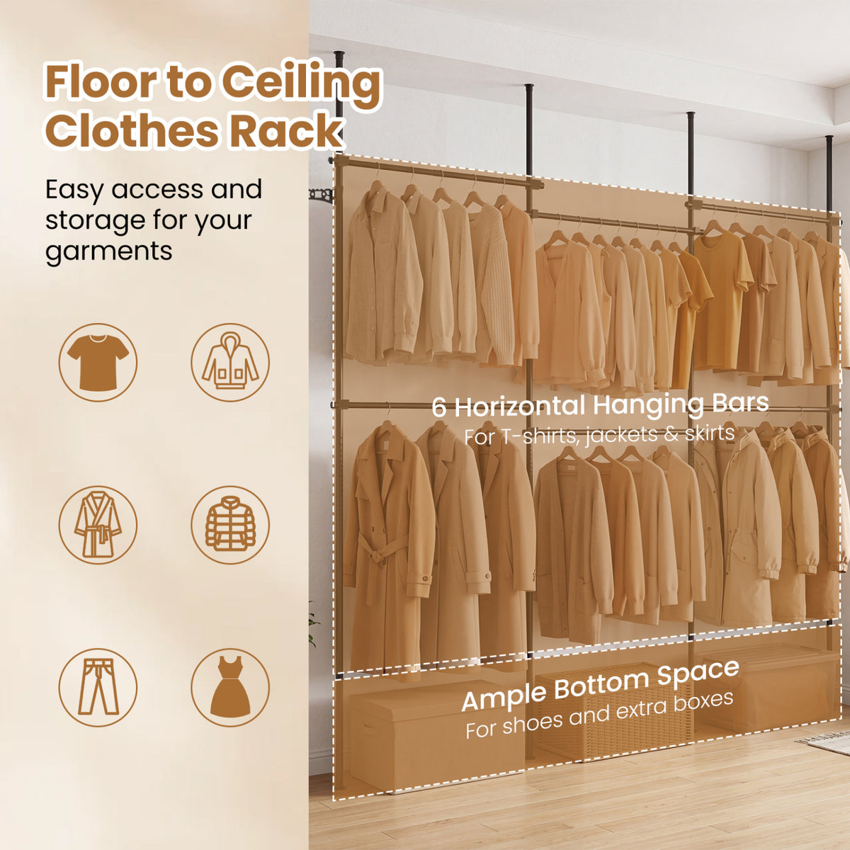 Adjustable Floor to Ceiling Clothes Rack with 6 Hanging Rods - Black