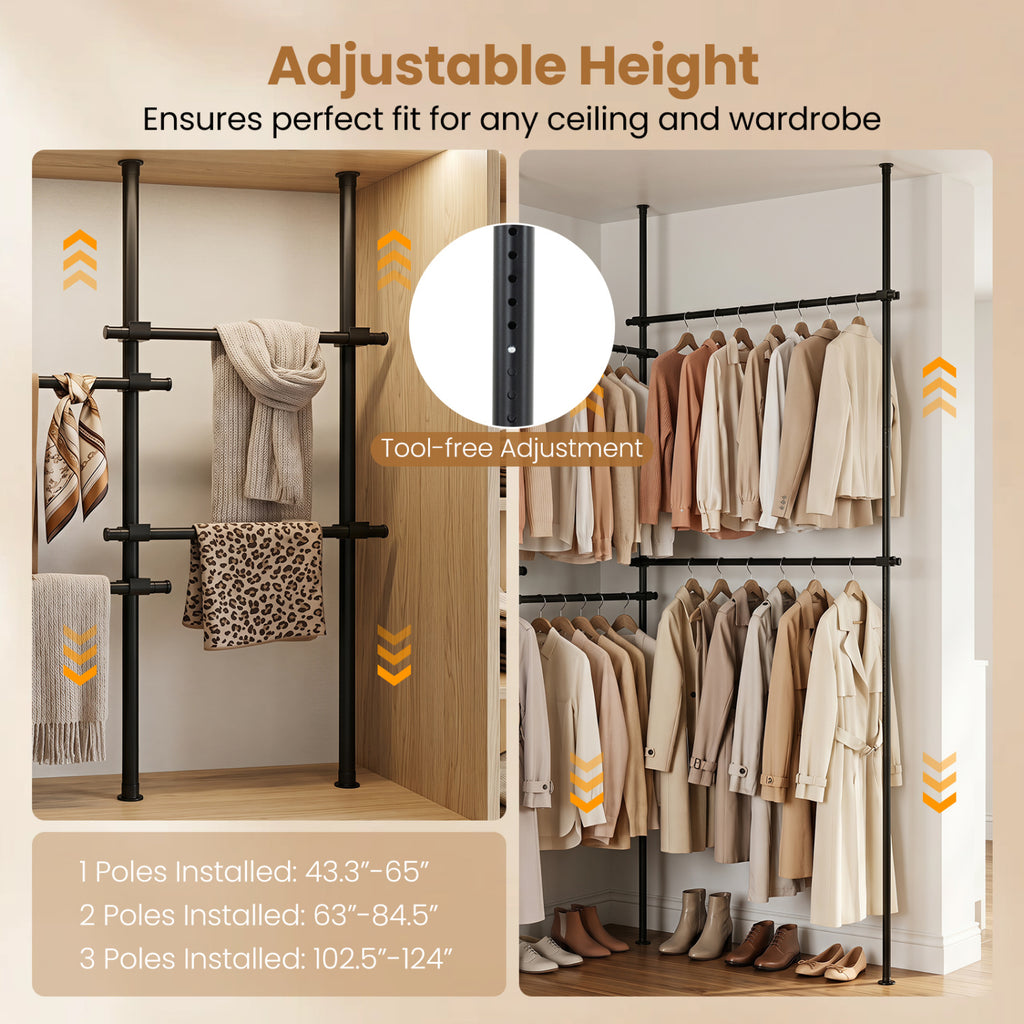 Adjustable Floor to Ceiling Clothes Rack with 6 Hanging Rods - Black