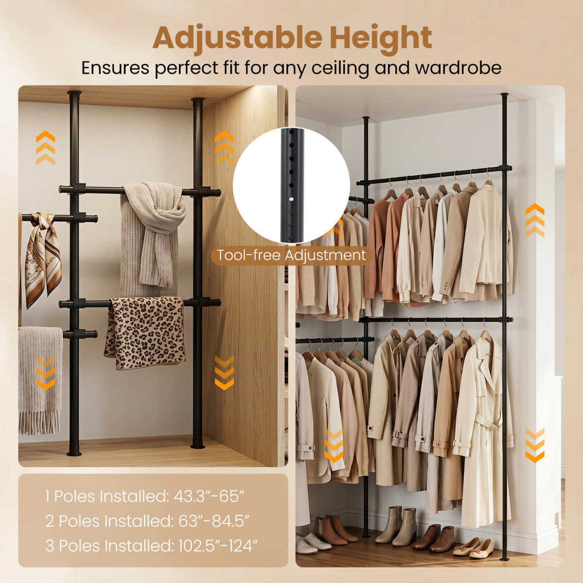 Adjustable Floor to Ceiling Clothes Rack with 6 Hanging Rods - Black