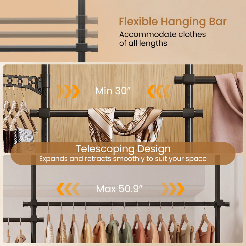 Adjustable Floor to Ceiling Clothes Rack with 6 Hanging Rods - Black