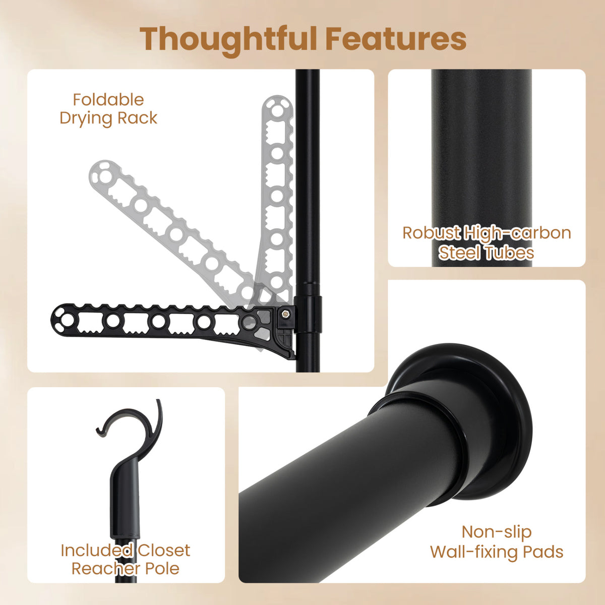 Adjustable Floor to Ceiling Clothes Rack with 6 Hanging Rods - Black