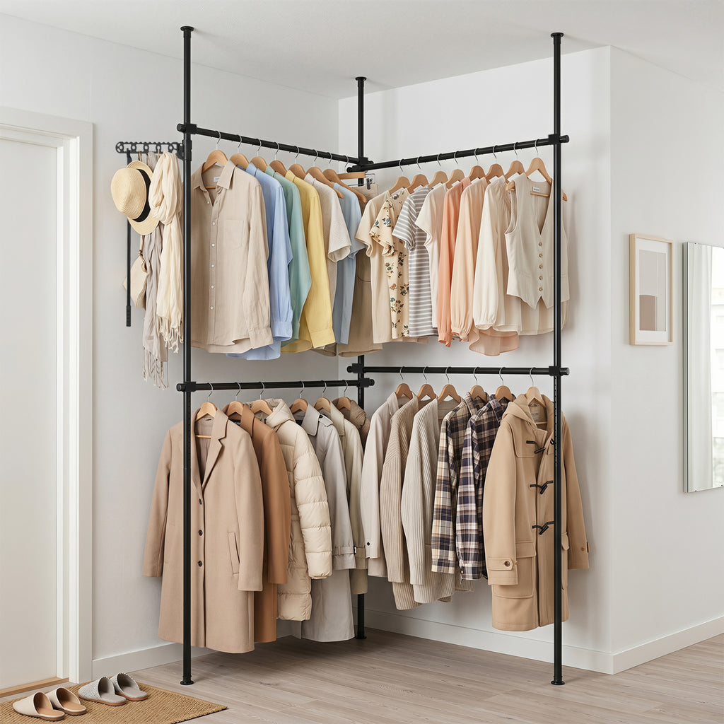 Adjustable Floor to Ceiling Clothes Rack - 4 Hanging Rods, Black