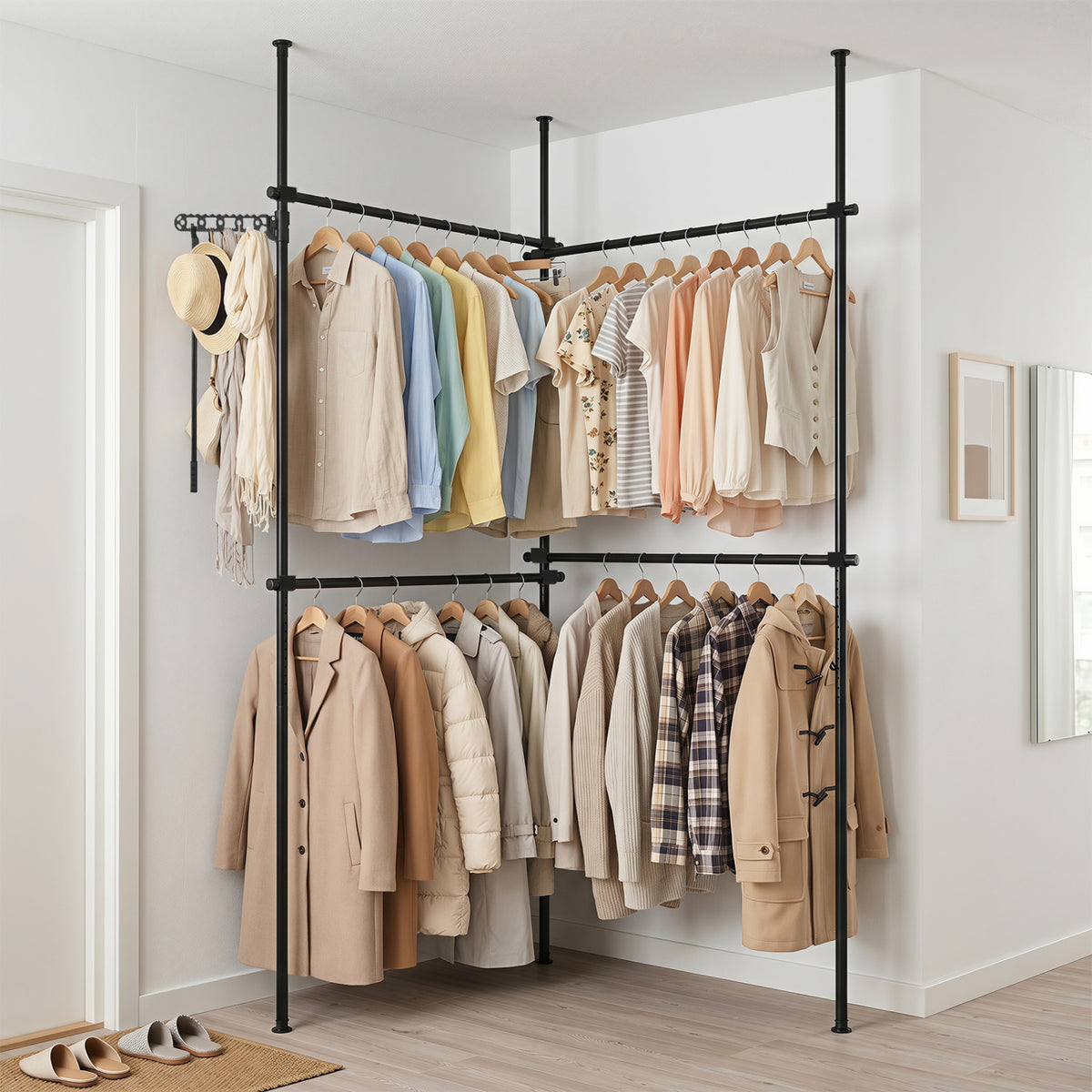 Adjustable Floor to Ceiling Clothes Rack - 4 Hanging Rods, Black