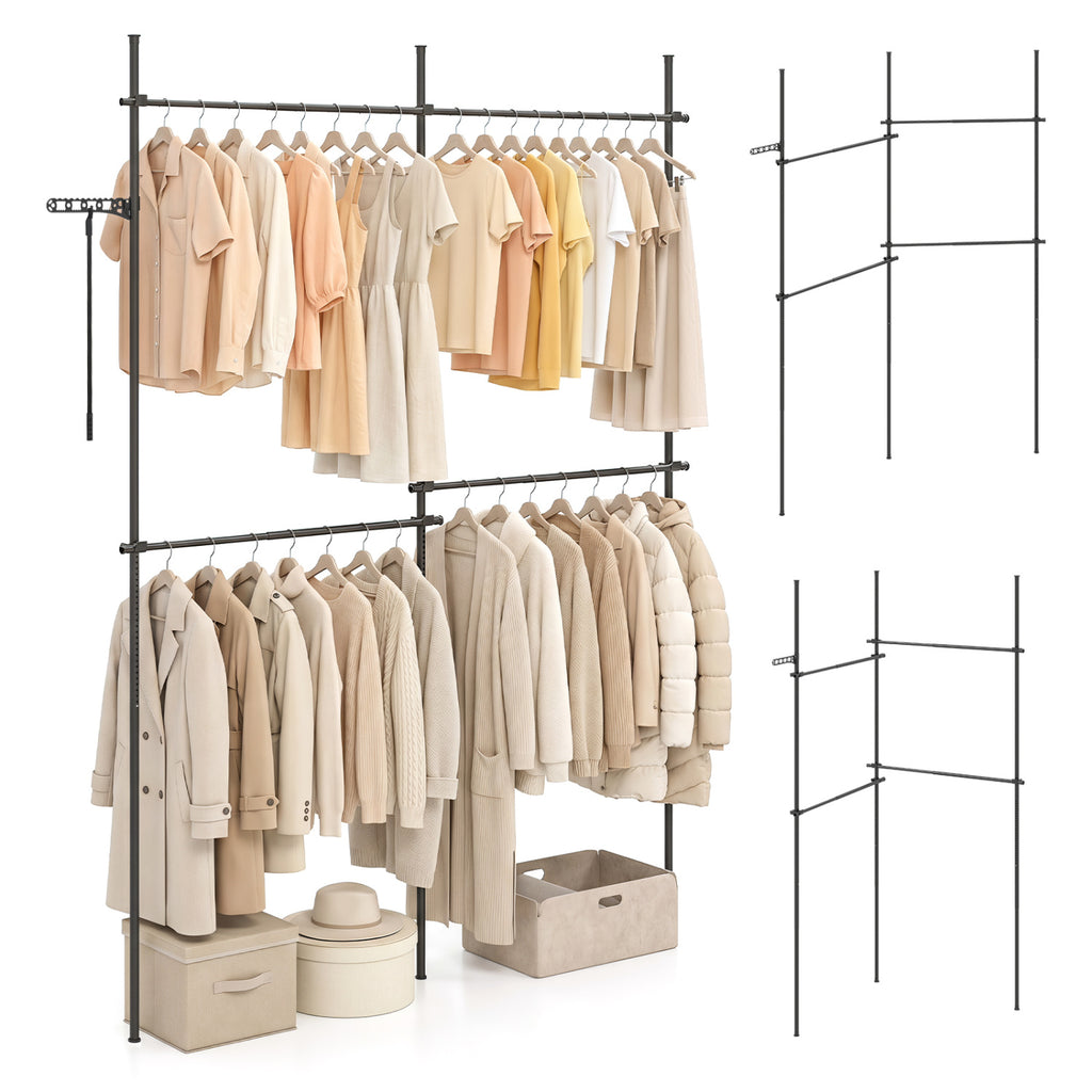 Adjustable Floor to Ceiling Clothes Rack - 4 Hanging Rods, Black