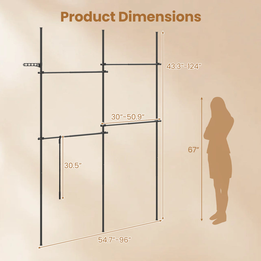 Adjustable Floor to Ceiling Clothes Rack - 4 Hanging Rods, Black