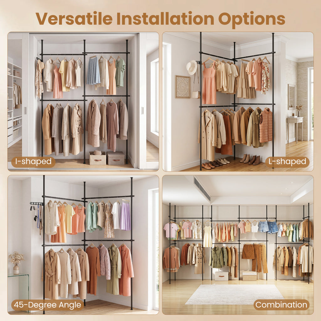 Adjustable Floor to Ceiling Clothes Rack - 4 Hanging Rods, Black