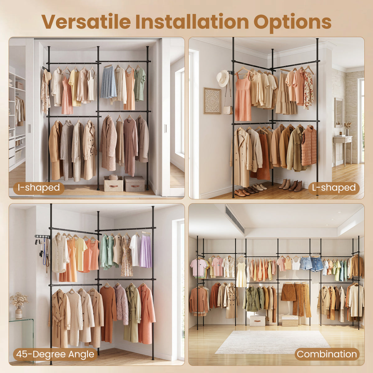 Adjustable Floor to Ceiling Clothes Rack - 4 Hanging Rods, Black