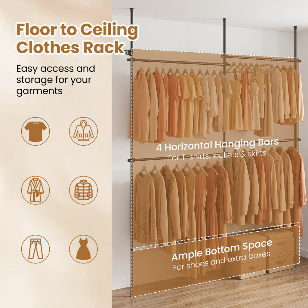 Adjustable Floor to Ceiling Clothes Rack - 4 Hanging Rods, Black