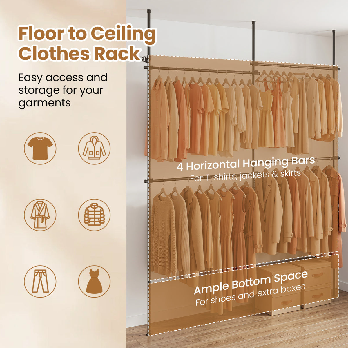 Adjustable Floor to Ceiling Clothes Rack - 4 Hanging Rods, Black