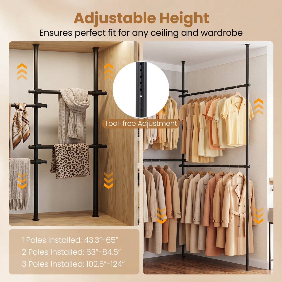 Adjustable Floor to Ceiling Clothes Rack with 4 Hanging Rods
