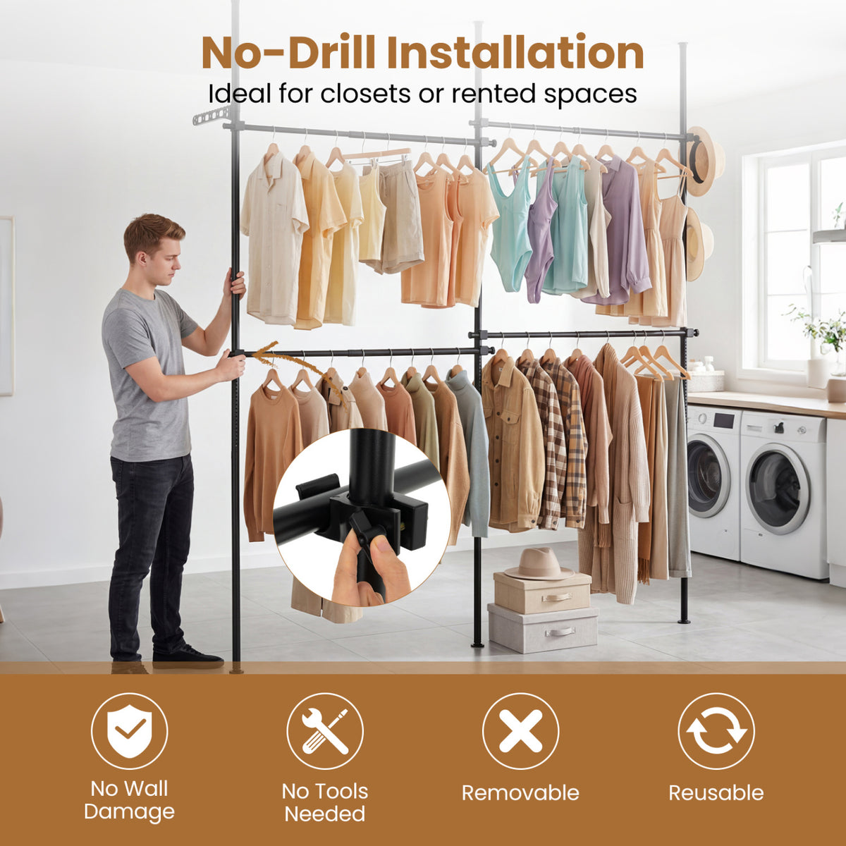 Adjustable Floor to Ceiling Clothes Rack - 4 Hanging Rods, Black