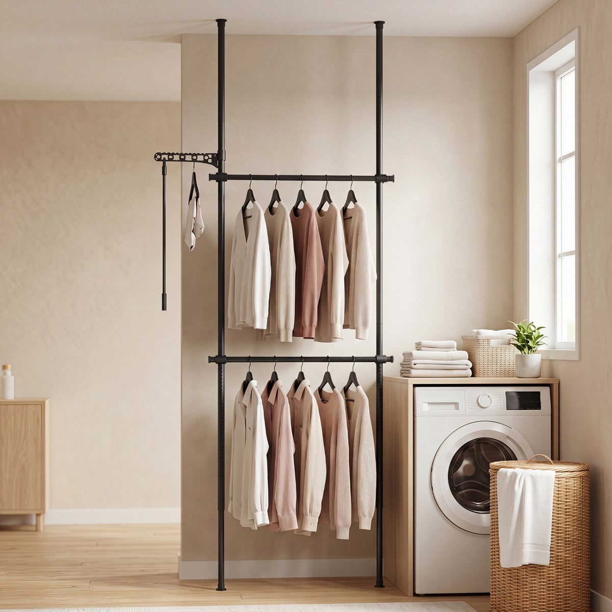 Adjustable Floor to Ceiling Clothes Rack with 2 Hanging Rods - Black