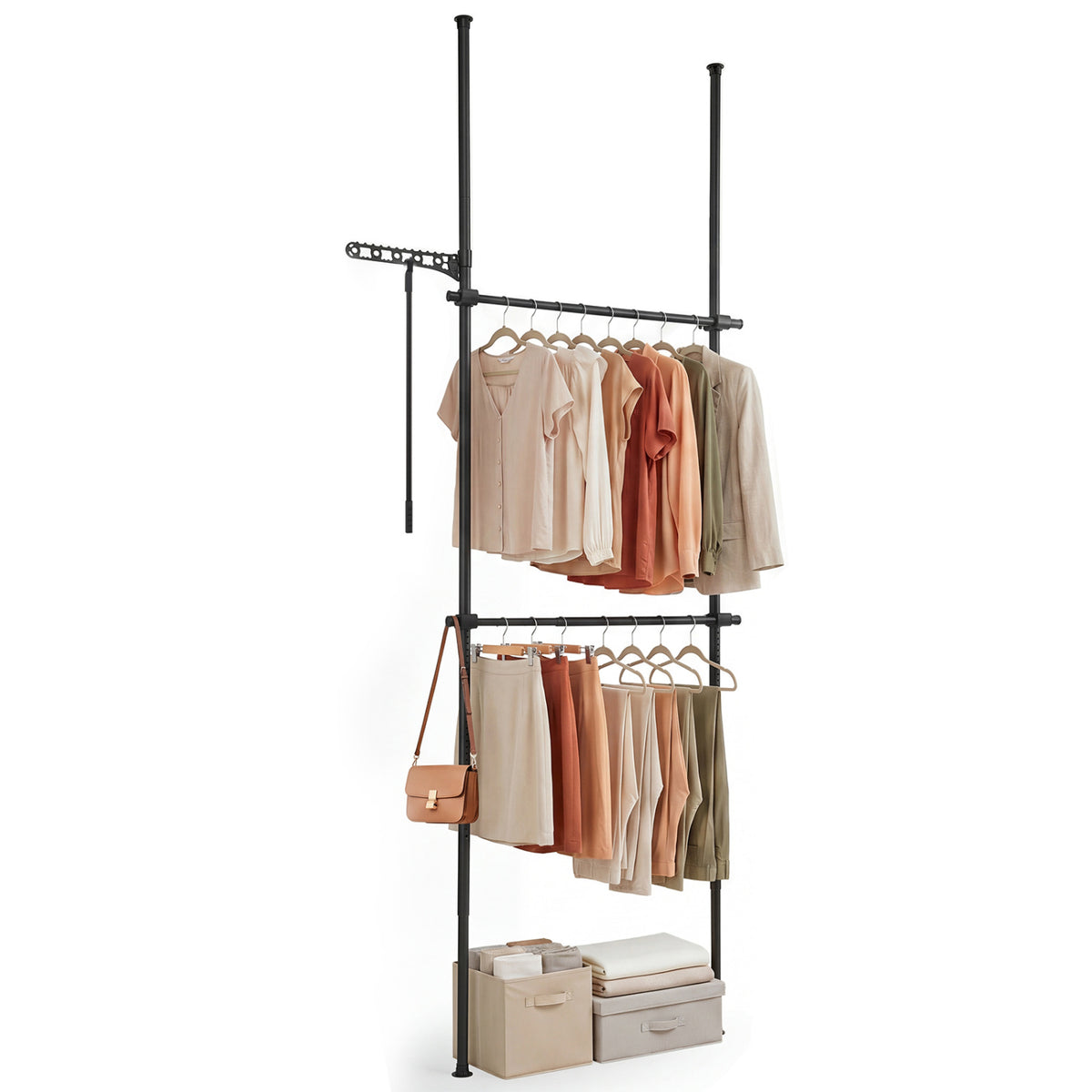 Adjustable Floor to Ceiling Clothes Rack with 2 Hanging Rods - Black