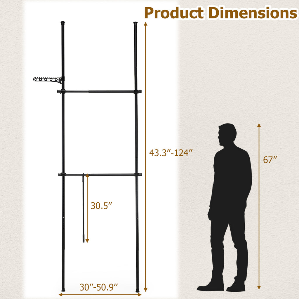 Adjustable Floor to Ceiling Clothes Rack with 2 Hanging Rods - Black